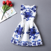Đầm gấm trắng in bông xanh